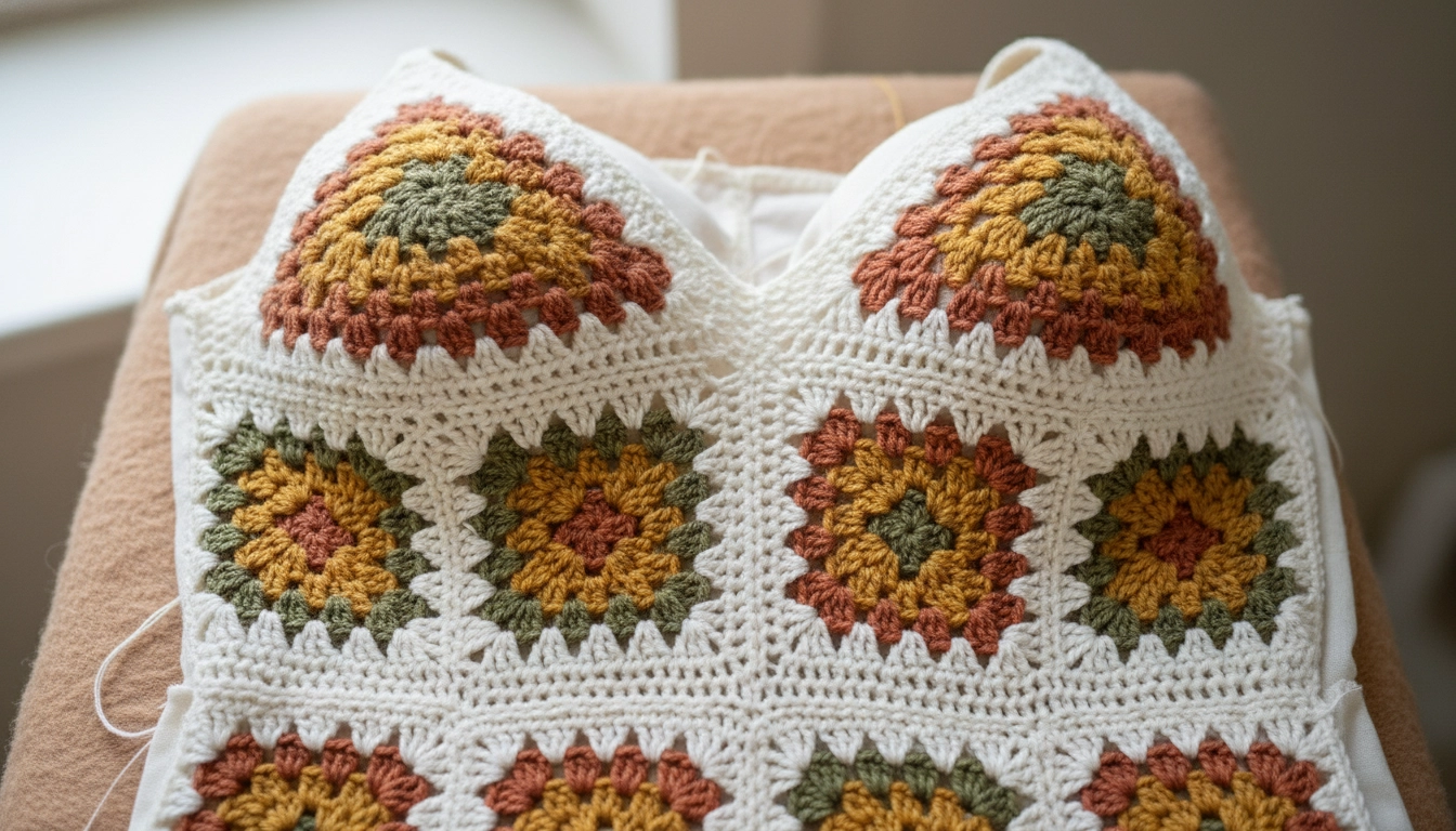 A close-up of a partially assembled crochet romper showing how square and triangular motifs form the bust and torso.