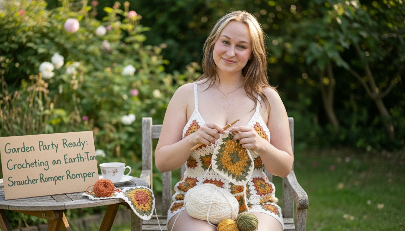 A flat lay of a homemade crochet romper, capturing the essence of Garden Party Ready: Crocheting an Earth-Tone Granny Square Romper.