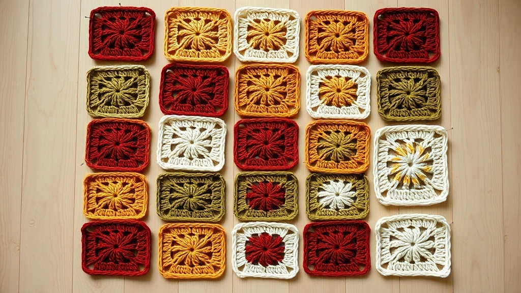 A symmetrical grid arrangement of blocked crochet granny squares in rust, olive, mustard, and cream on a wooden floor.