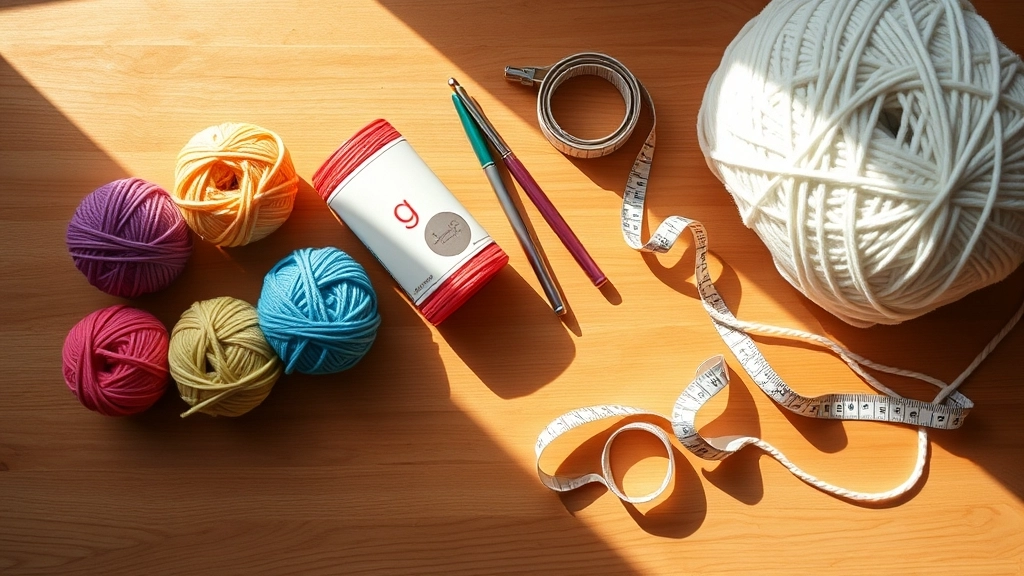 A neatly organized crochet workspace with rainbow cotton yarn, a white chenille skein, crochet hooks, and scissors.