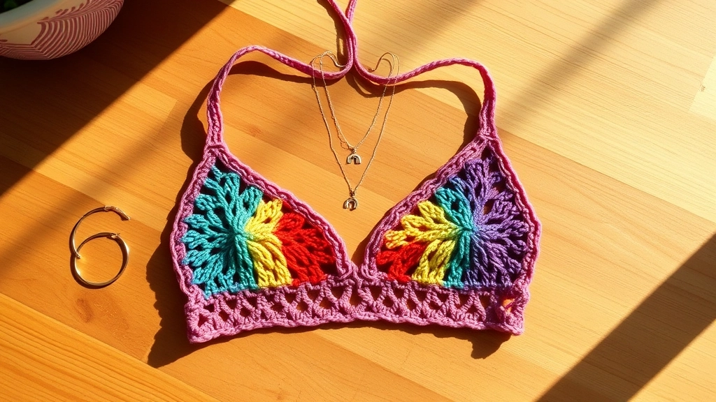 A styled flat lay of a rainbow crochet bralette paired with a delicate silver arched rainbow pendant necklace and small gold hoop earrings.