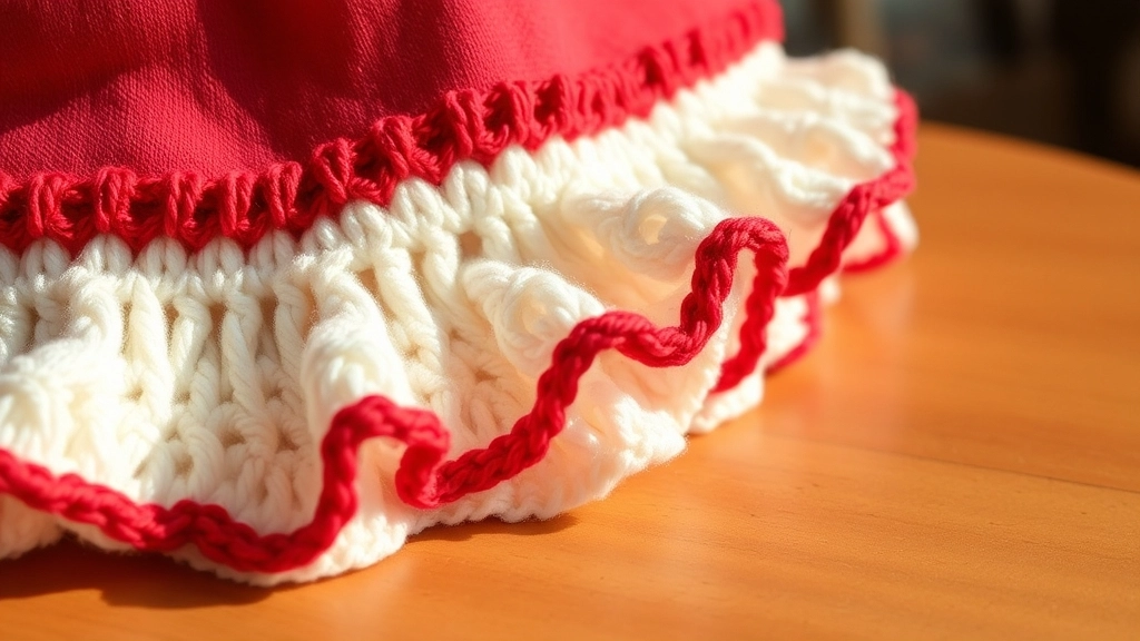 Close-up of a fluffy white chenille ruffle crocheted onto the edge of a colorful rainbow garment.