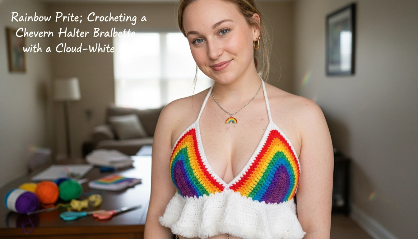 A cozy flat lay of a completed Rainbow Pride: Crocheting a Chevron Halter Bralette with a Cloud-White Ruffle, featuring vibrant stripes and a fluffy texture.