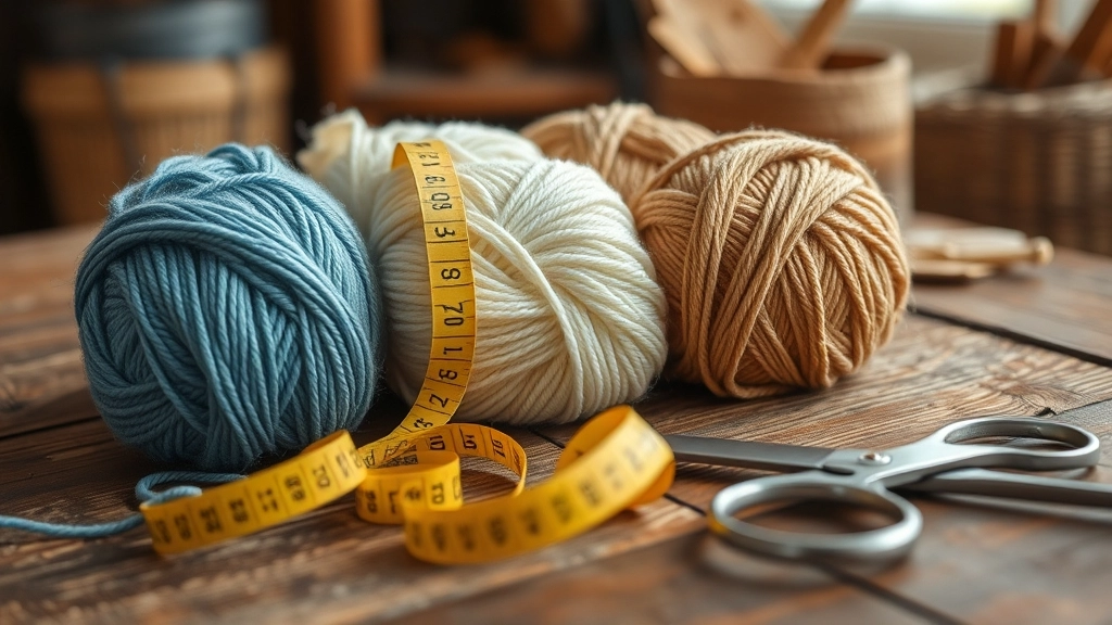 A selection of organic cotton yarn skeins in pastel blue, cream, and tan sitting next to a measuring tape on a wooden table.