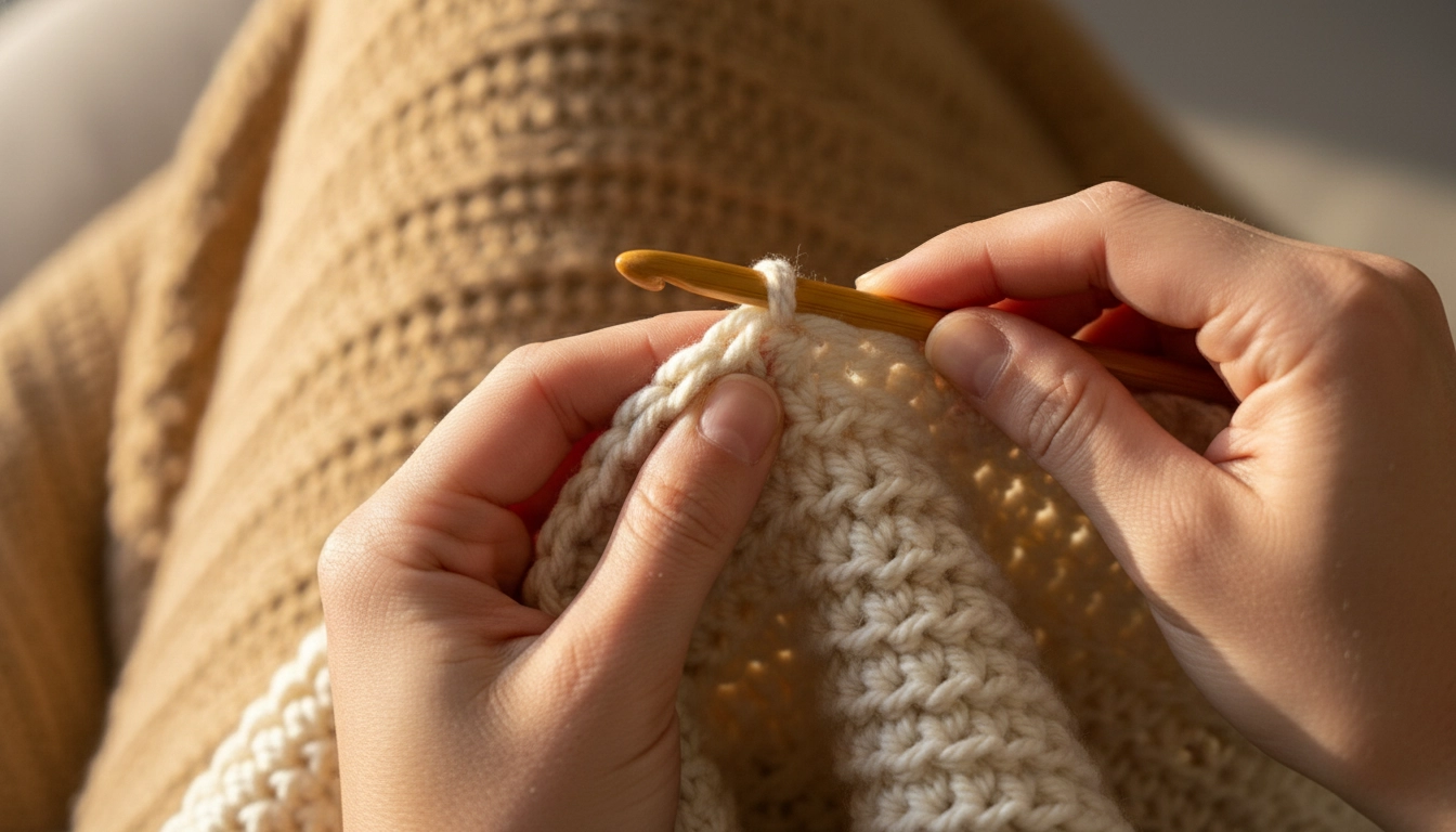 A close-up of a ribbed cream-colored crochet waistband being worked with a wooden crochet hook.