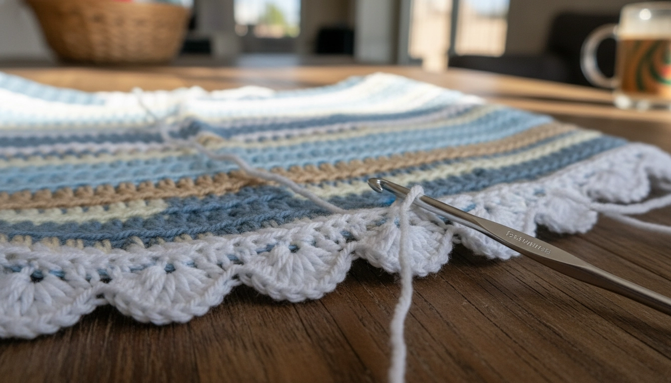 A detailed close-up of a white scalloped shell-stitch border being crocheted onto the edge of pastel blue striped fabric.