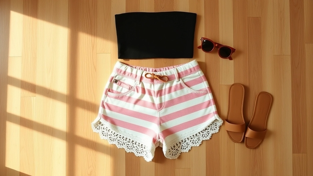 A styled summer outfit flat lay featuring the pastel striped crochet shorts, a black crop top, and sunglasses.