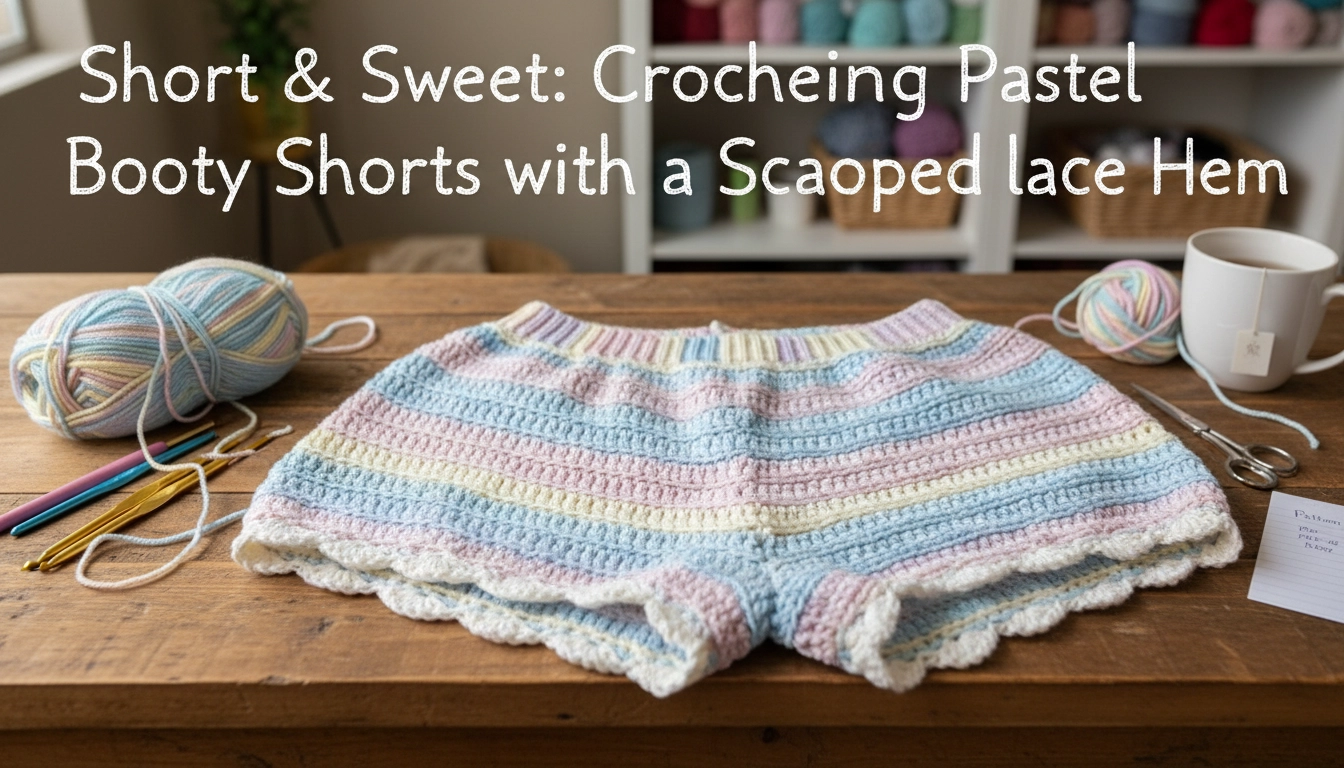 A flat-lay view of the completed DIY project, Short & Sweet: Crocheting Pastel Striped Booty Shorts with a Scalloped Lace Hem, resting on a cozy, unmade bed.