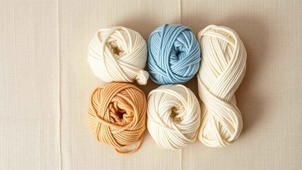 Four cakes of cotton yarn in sky blue, cream, white, and sandy tan arranged together to showcase the seaside-inspired color palette.