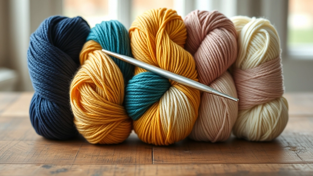 Skeins of sport-weight cotton-acrylic blend yarn in navy, yellow, teal, blush, and cream.