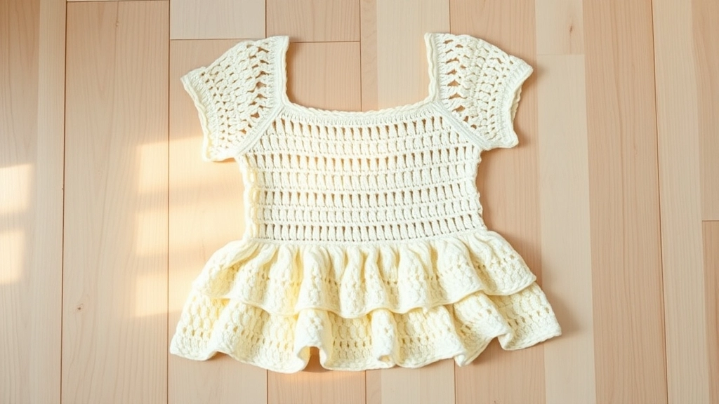 A completed crocheted crop top with a square neckline and a prominent ruffle hem.