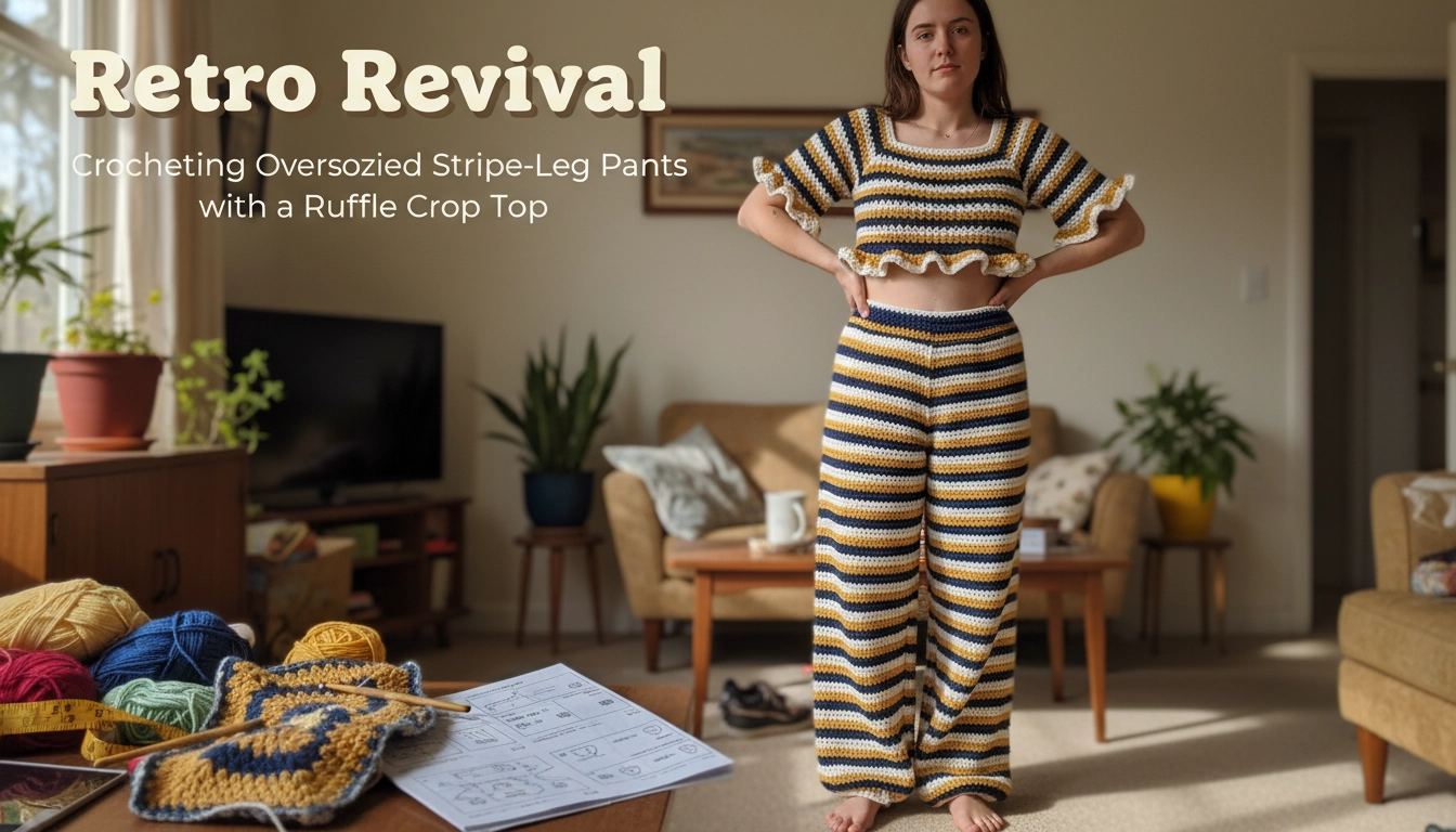 A cozy, amateur flat-lay photo of the completed Retro Revival: Crocheting Oversized Striped Wide-Leg Pants with a Ruffle Crop Top set laid out on a bed.