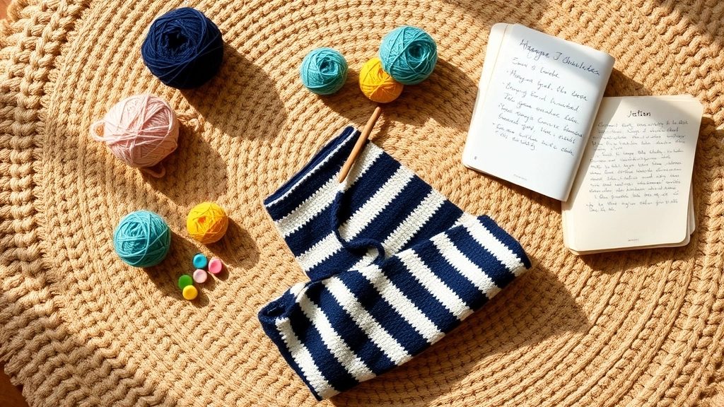 A cozy craft setup featuring the retro revival crocheting oversized striped wide-leg pants project-in-progress, yarn, hook, and scissors.