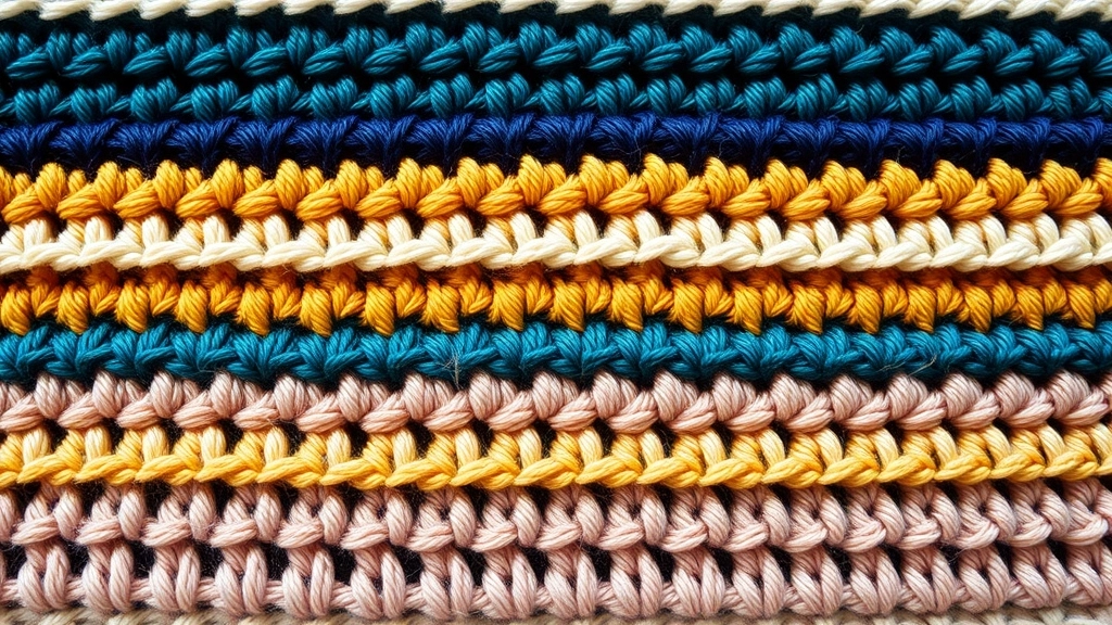 A detailed close-up of crocheted stripes showing the transition between navy, yellow, teal, blush, and cream.