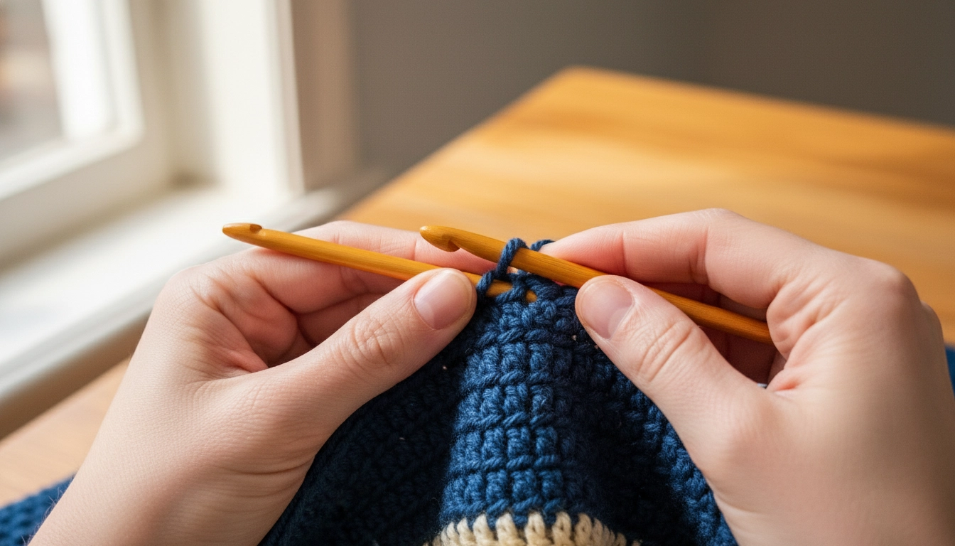 Close-up of hands crocheting a ribbed waistband in the back loop only using navy yarn.