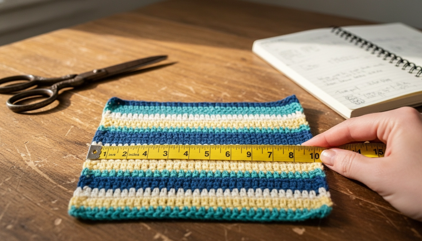 A hand measuring a crocheted gauge swatch with a flexible tape measure.