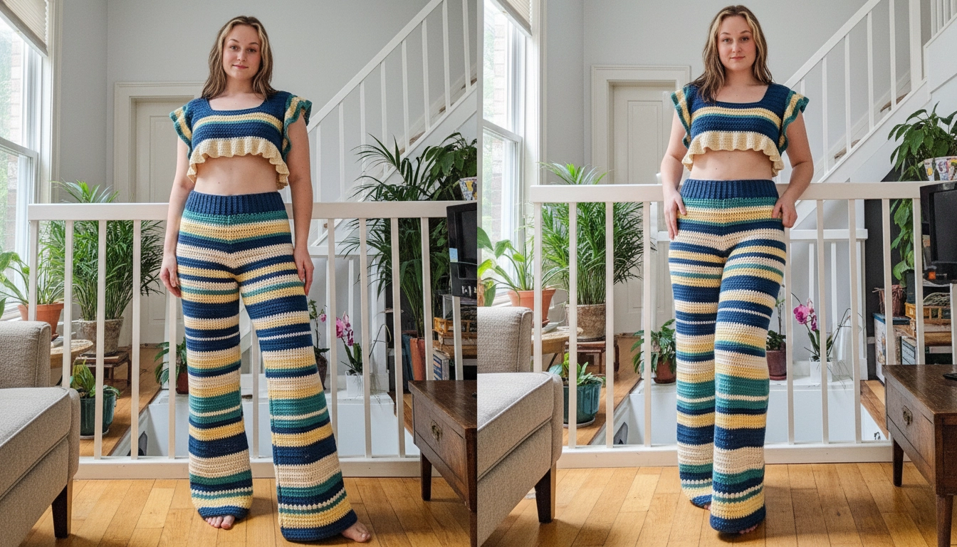A person modeling the completed retro revival crocheting oversized striped wide-leg pants with a ruffle crop top in a sunlit room.