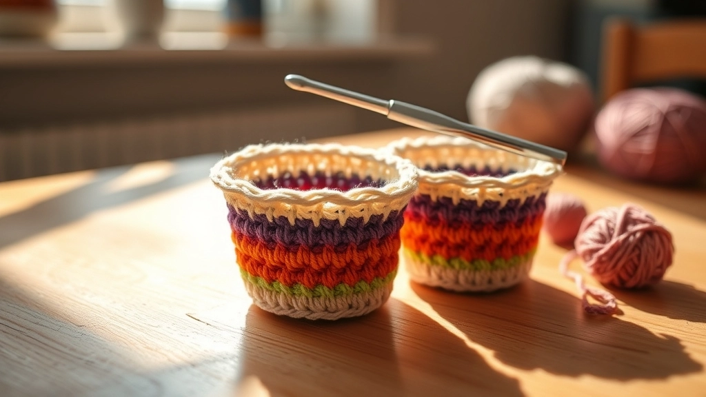 Two partially completed crocheted rainbow cups with sharp color transitions resting next to skeins of mercerized cotton yarn.