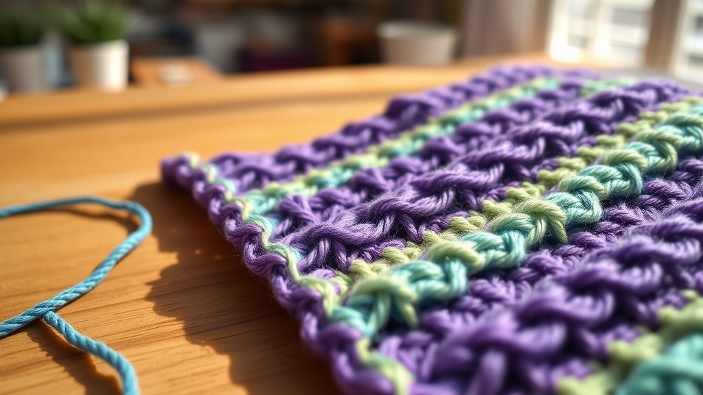 A detailed close-up of colorful crochet stitches showing the ribbed texture of back-loop-only chevron construction.