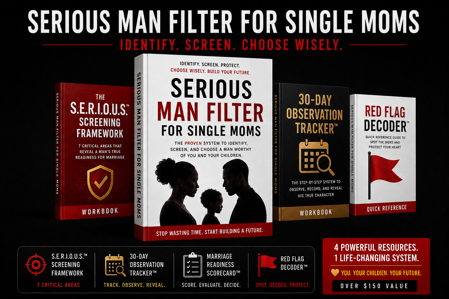 The Serious Man Filter for Single Moms — complete package including the S.E.R.I.O.U.S. Screening Framework workbook, the 30-Day Observation Tracker, the Marriage Readiness Scorecard, and the Red Flag Decoder.