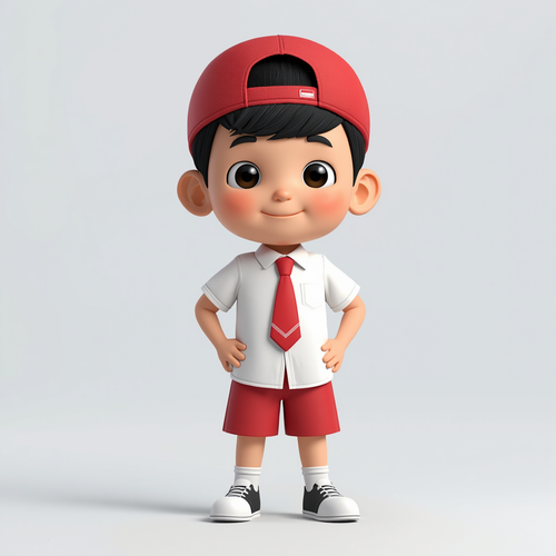 3D character of an Indonesian elementary school student, wearing a white shirt, red shorts, red tie,.png