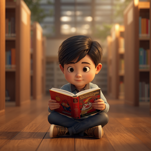 3D library interior with an Indonesian elementary school student character reading a book, child fri.png