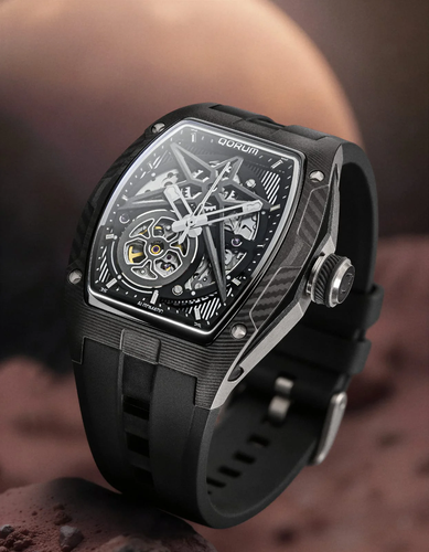 Qorum Equinox Men’s Automatic Skeleton Watch - Black Dial, Chrome Detailing, Black Silicon strap.png