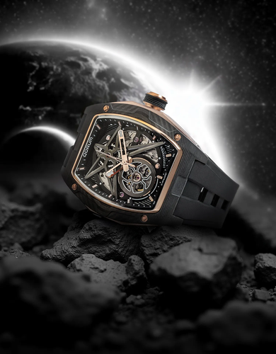 Qorum Equinox Men’s Automatic Skeleton Watch - Black Dial, Rose Gold Detailing, Black Silicon strap.png