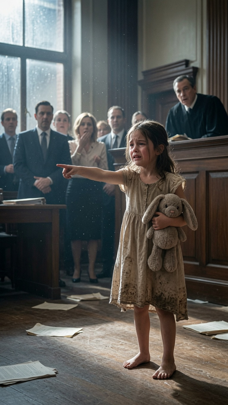 When a Barefoot Little Girl Pointed Across the Courtroom and Said the Millionaire Was Not Her Father — The Hidden Room Beneath His Mansion Exposed a Crime That Shattered the Trial