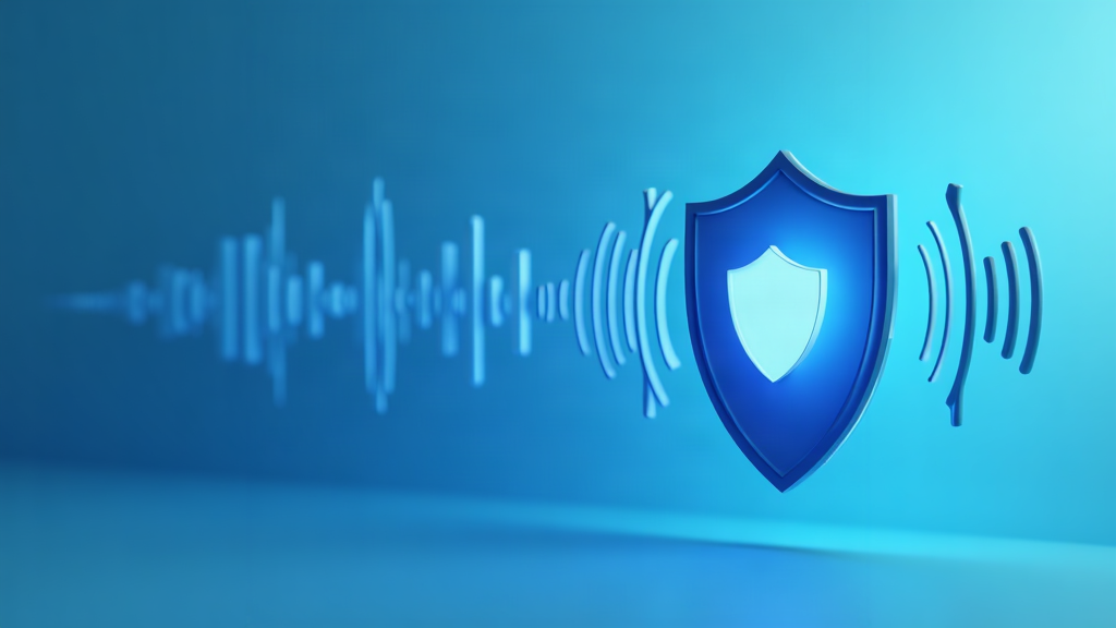 Agent vocal IA securise traitant un appel, motif d'ondes sonores et de bouclier de confidentialite
