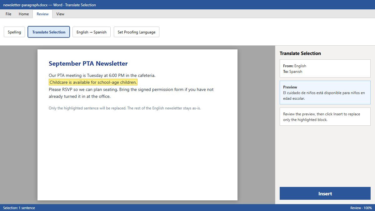 Word Translate Selection sidebar replacing highlighted English text with Spanish