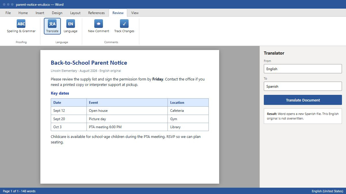 Translate English to Spanish in Word using Review Translate Document workflow