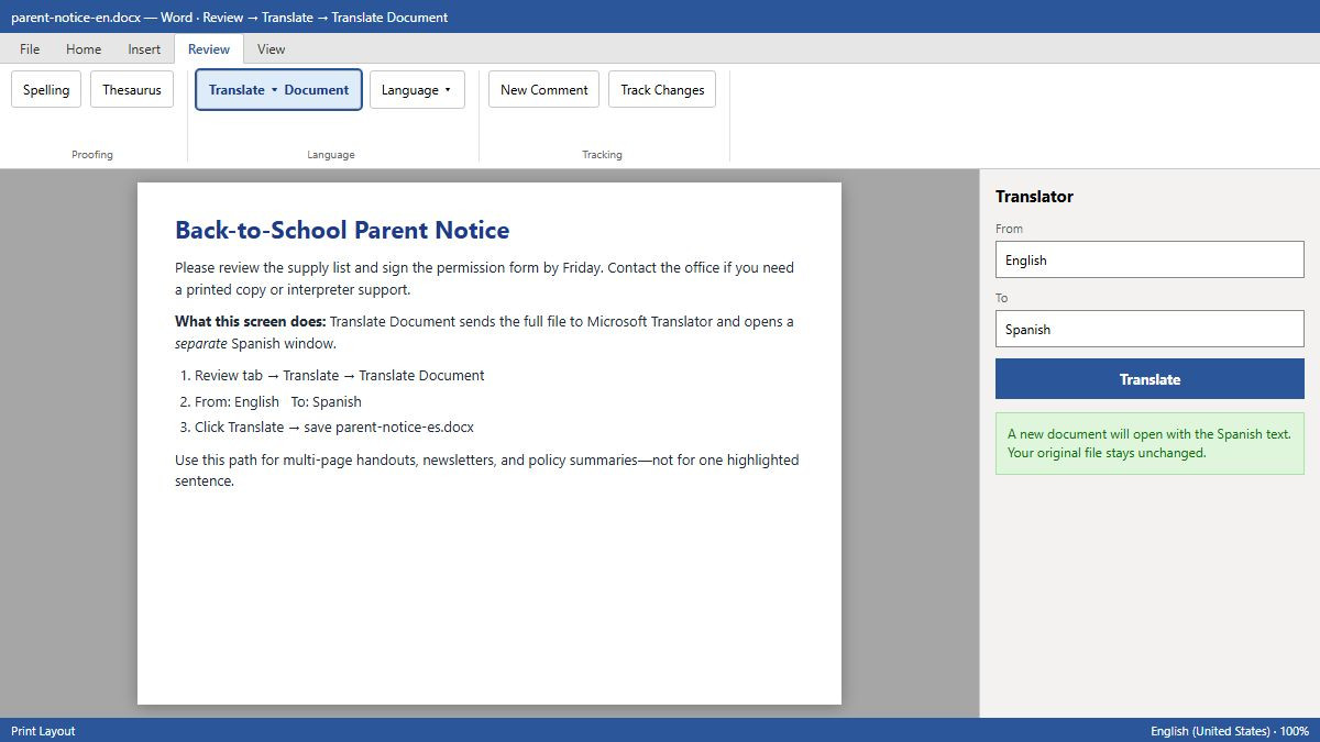 Microsoft Word Review tab Translate Document pane set to English to Spanish