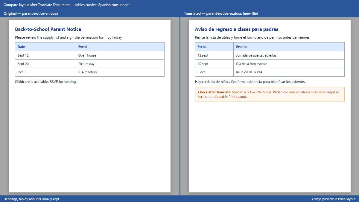 English and Spanish Word documents side by side showing preserved table formatting