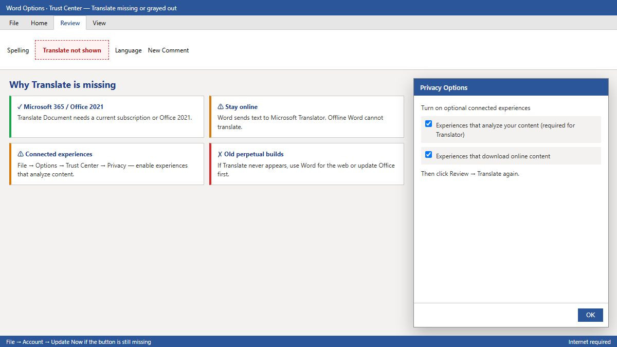 Checklist for when Translate is missing in Word including M365 internet and connected experiences