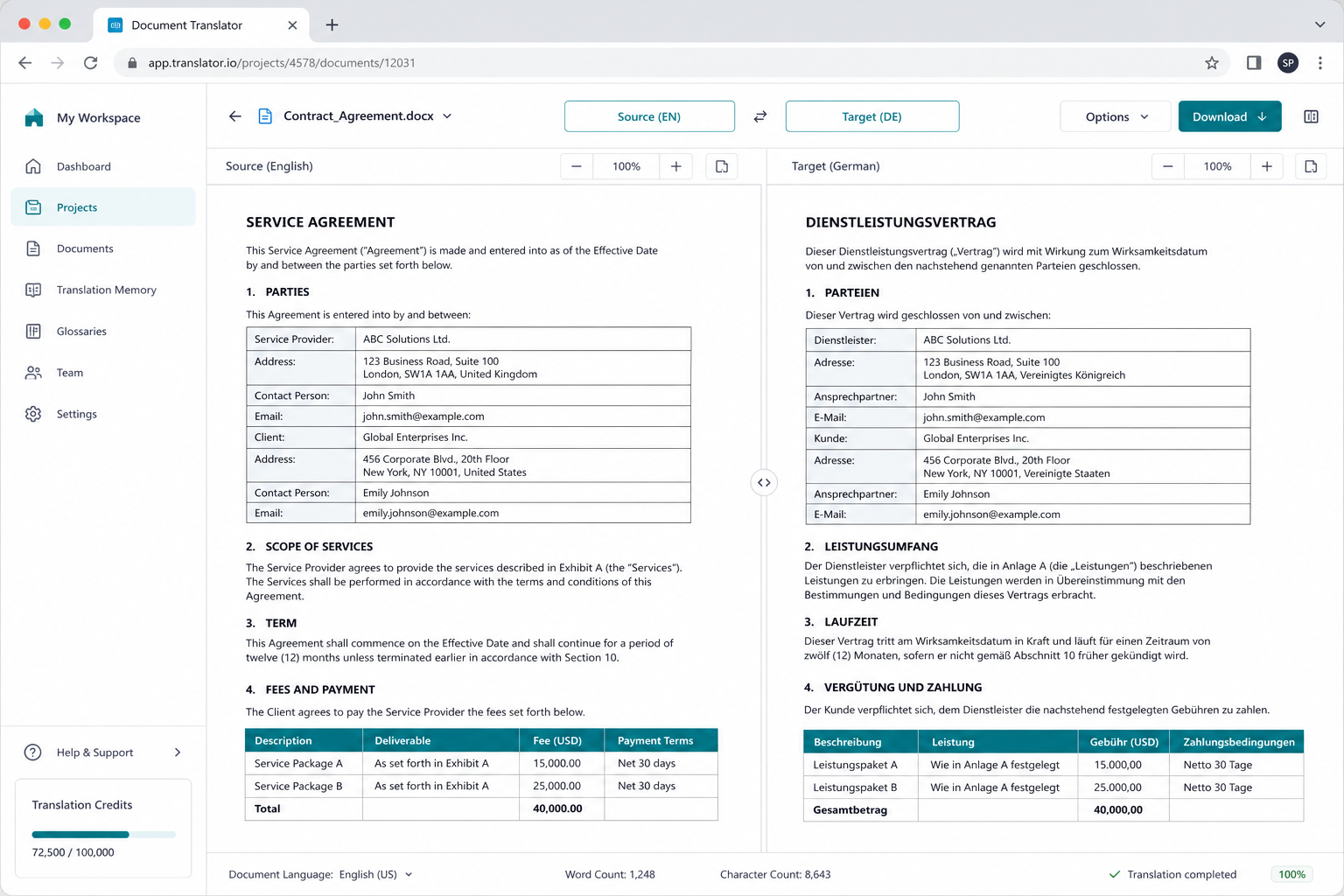 Side-by-side document translator keeping headings and tables