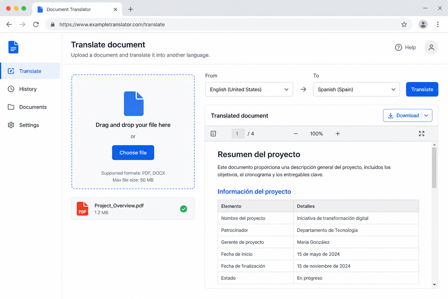 Web document translator with file upload and language menus