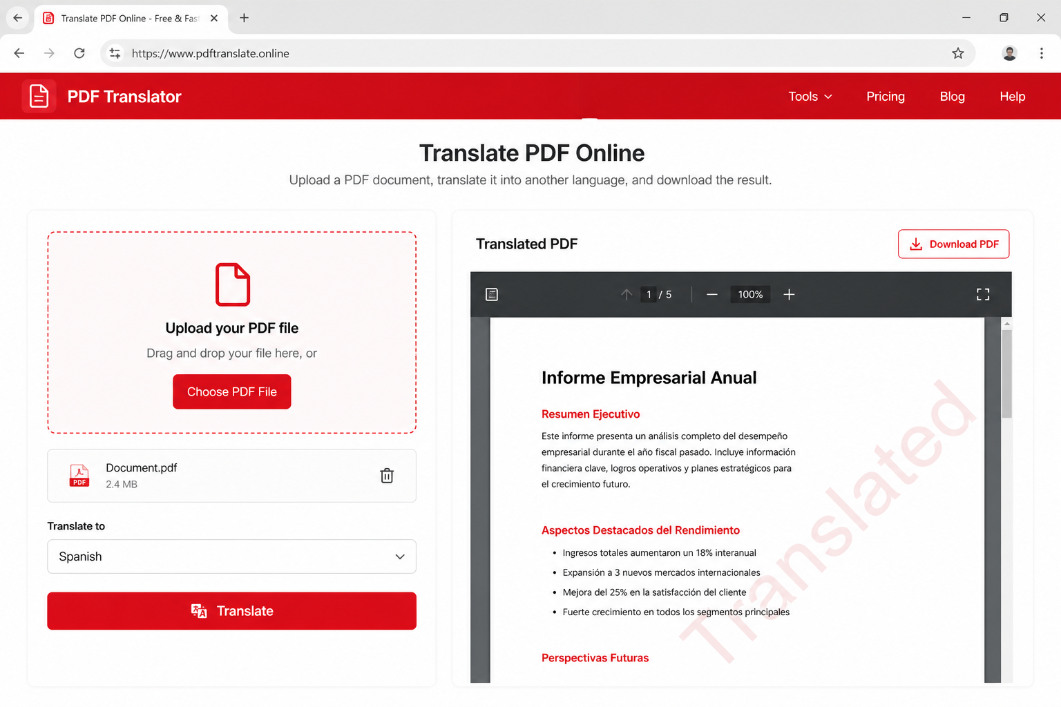 Online PDF translator with an upload button and a watermarked preview