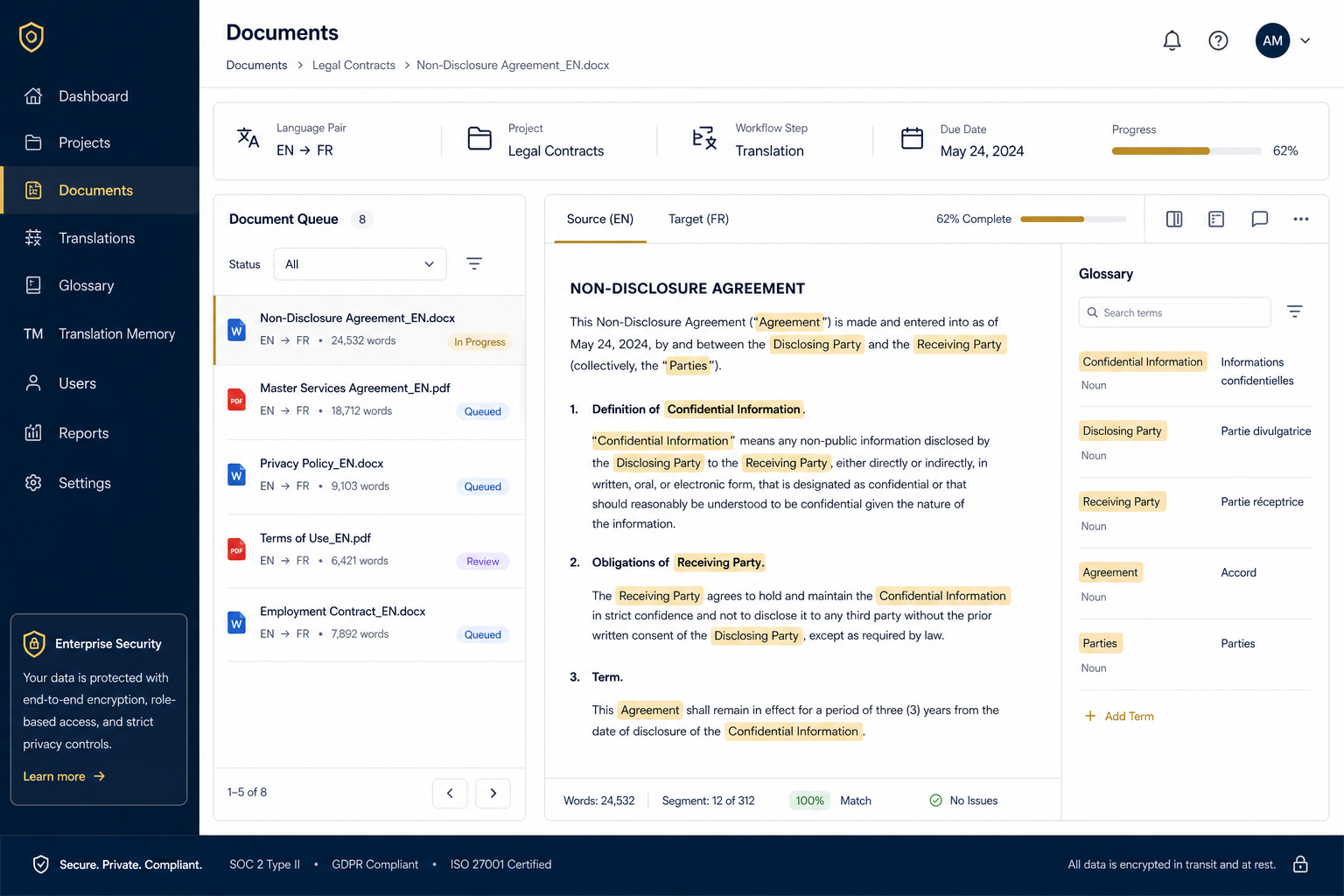 Enterprise translation dashboard with a document queue and glossary