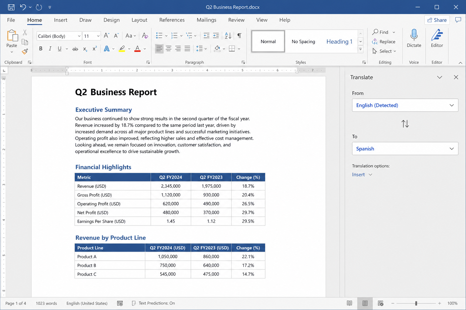 Word-style ribbon with a translate pane beside a business report
