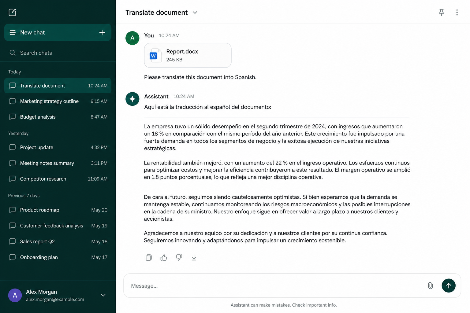 Chat workspace with an uploaded document and a translated draft