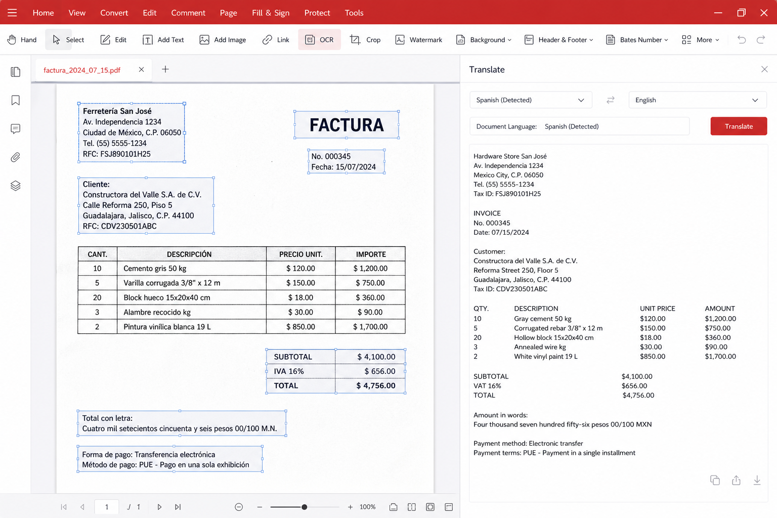 PDF reader with OCR boxes and a translate panel on a scanned invoice