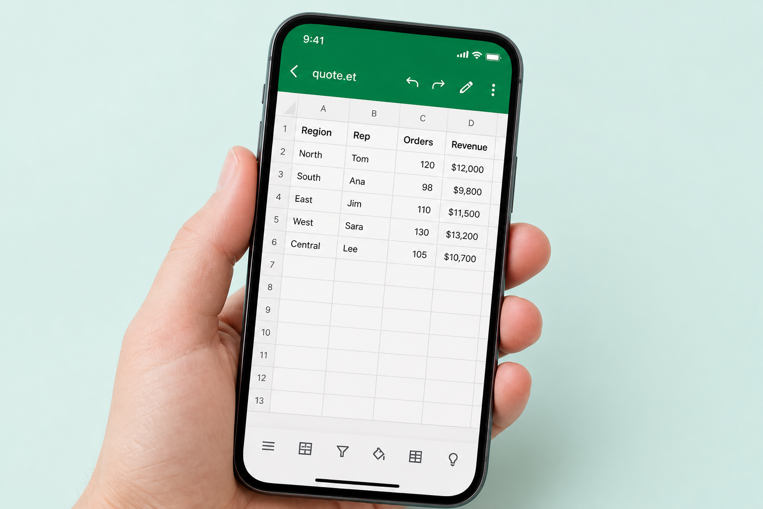 Buka spreadsheet ET di ponsel dengan WPS
