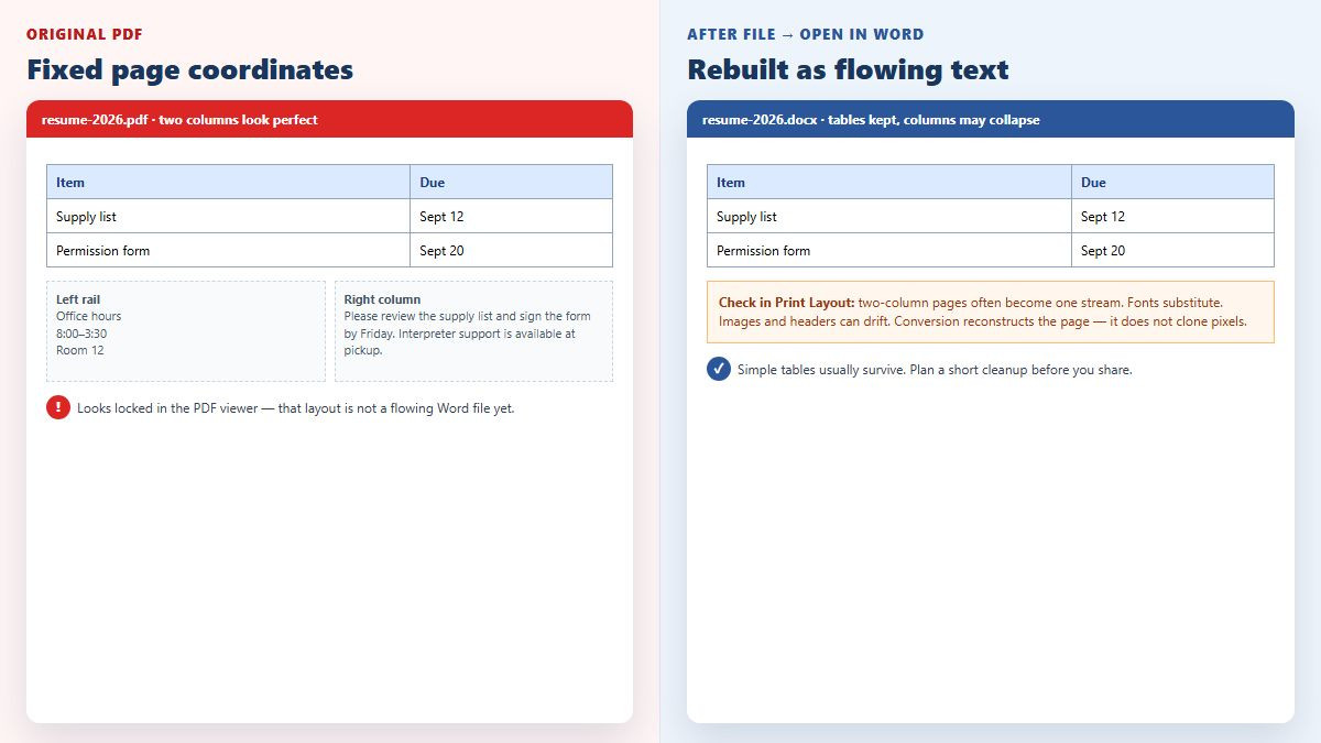 PDF table layout compared with Word flow layout after conversion