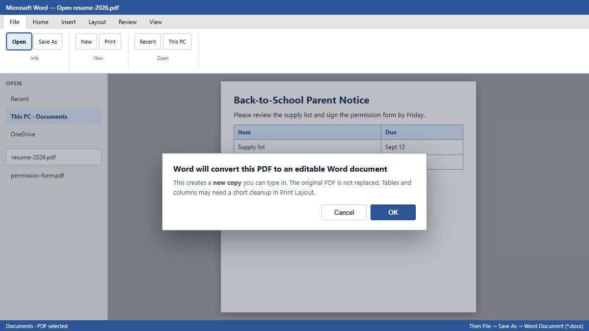 Microsoft Word converting a PDF to an editable document after File Open