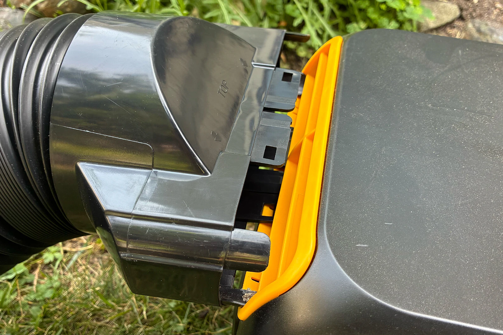 A close-up of the hose connector on the BougeRV PC35 cordless air conditioner.