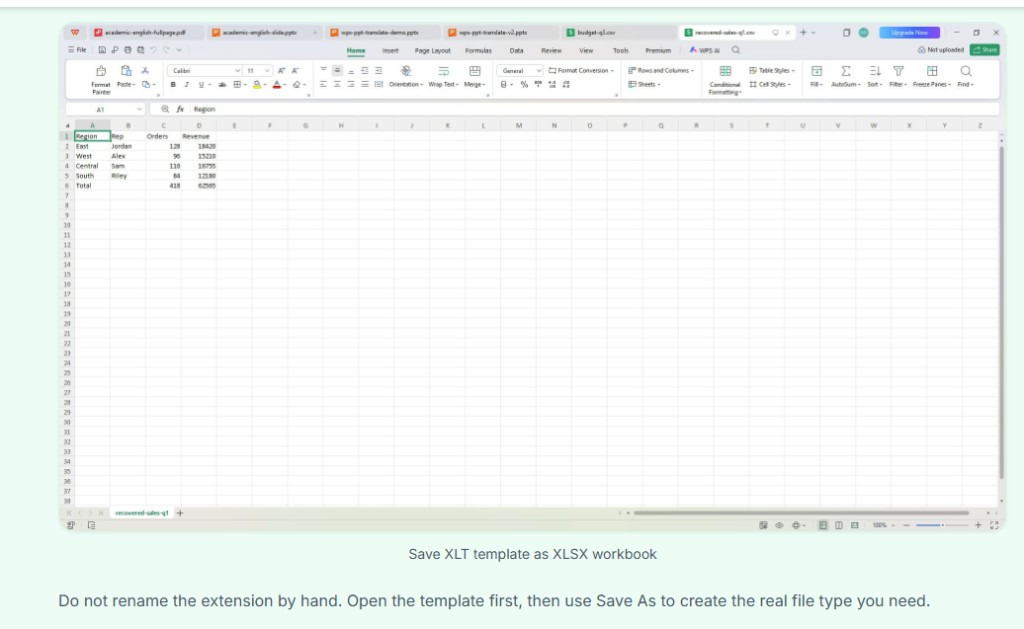 Open XLT template in WPS Spreadsheets without Excel installed