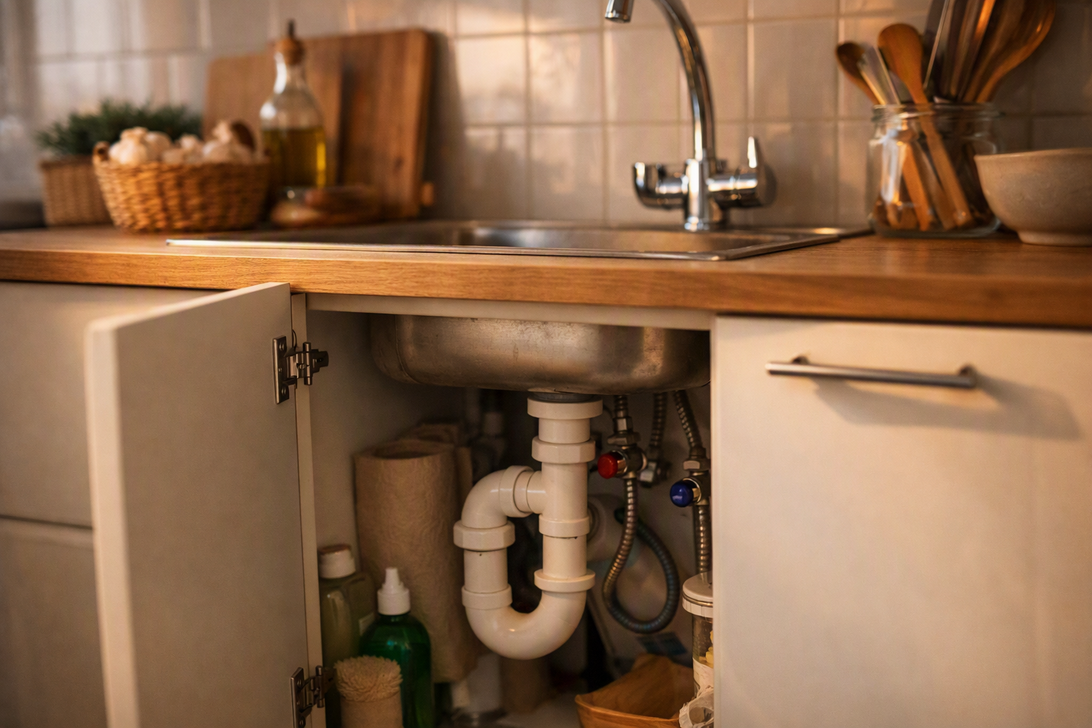 a modern open plan kitchen corner at home with a sink cabinet slightly open, vue de detail