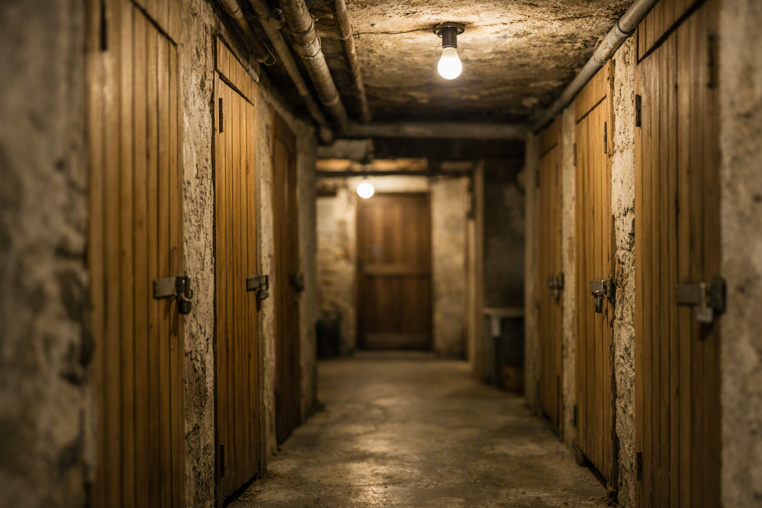 Rongeurs dans un logement à vendre ou louer : qui paie ? a French apartment building cellar corridor with wooden doors and a bare bulb