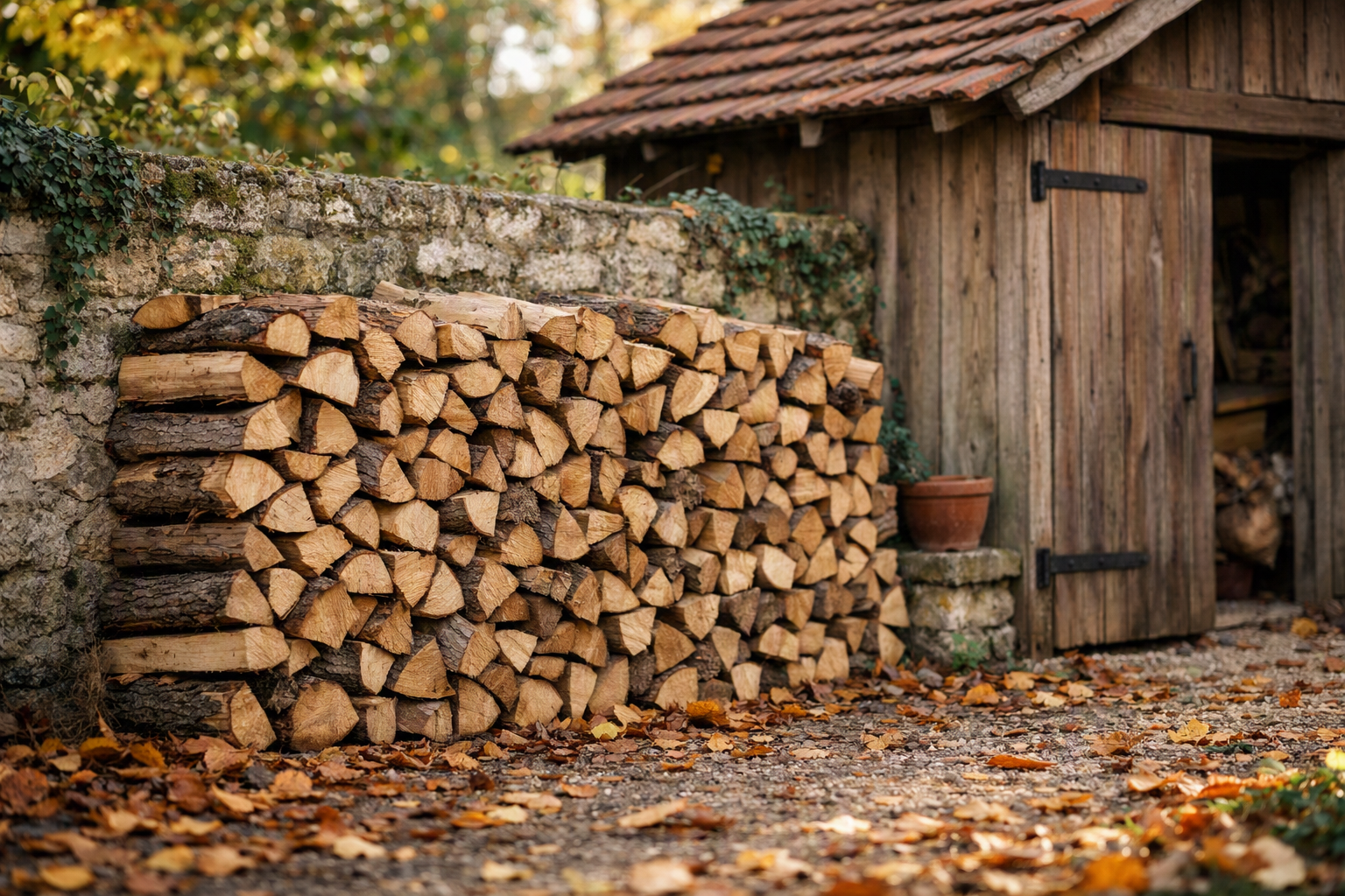 a neat stack of firewood against a garden wall next to a wooden shed